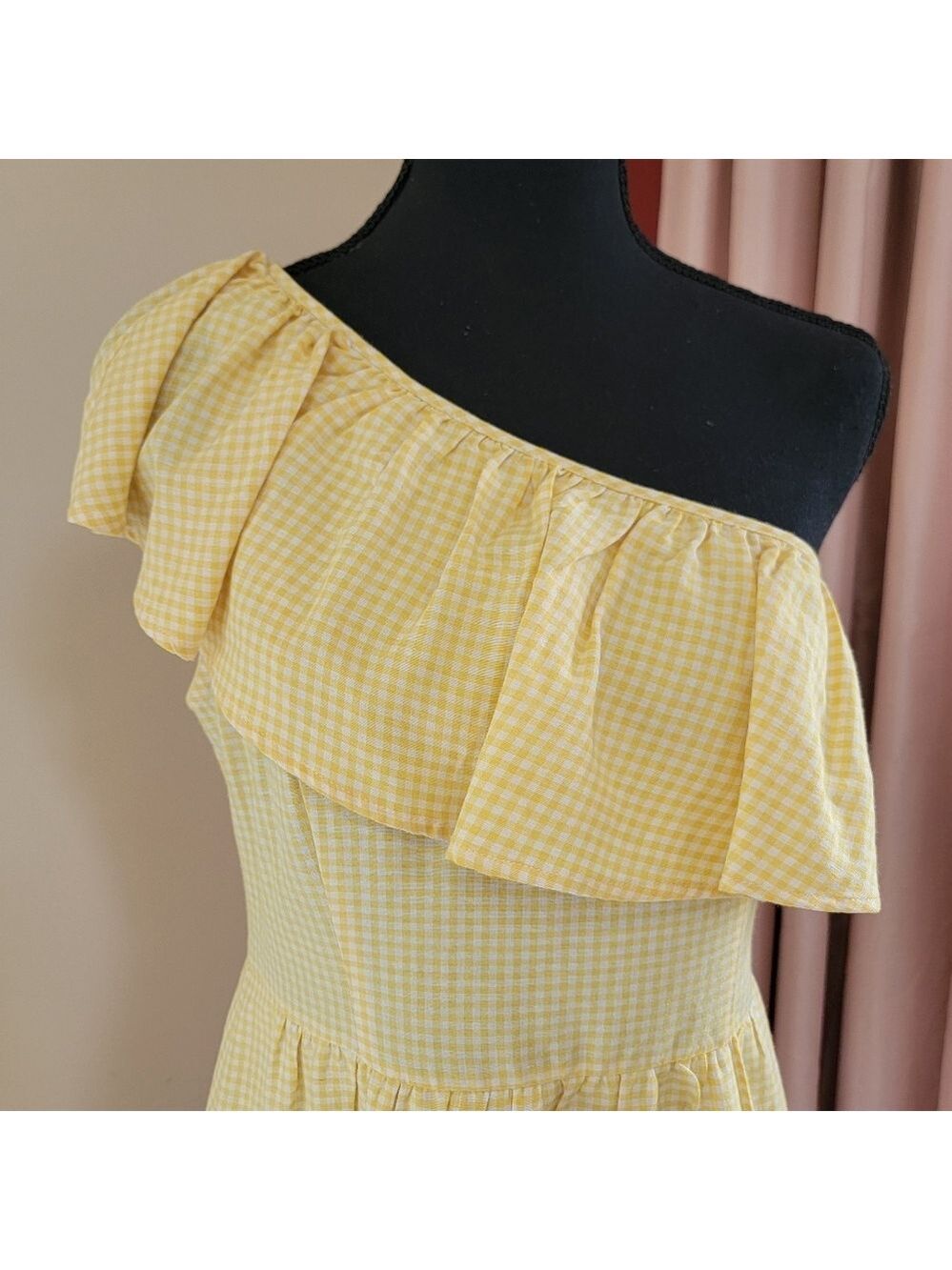 Altar'd State Yellow Gingham One Shoulder Dress Size Medium EUC - Picture 2 of 10